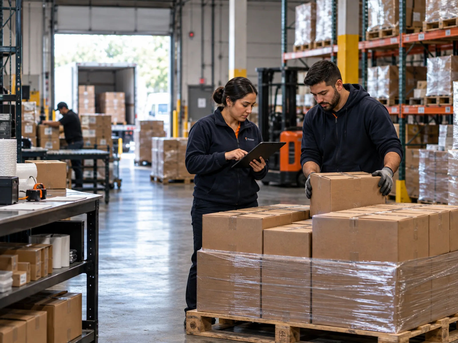 Warehouse team reviewing inbound inventory beside a prepared pallet