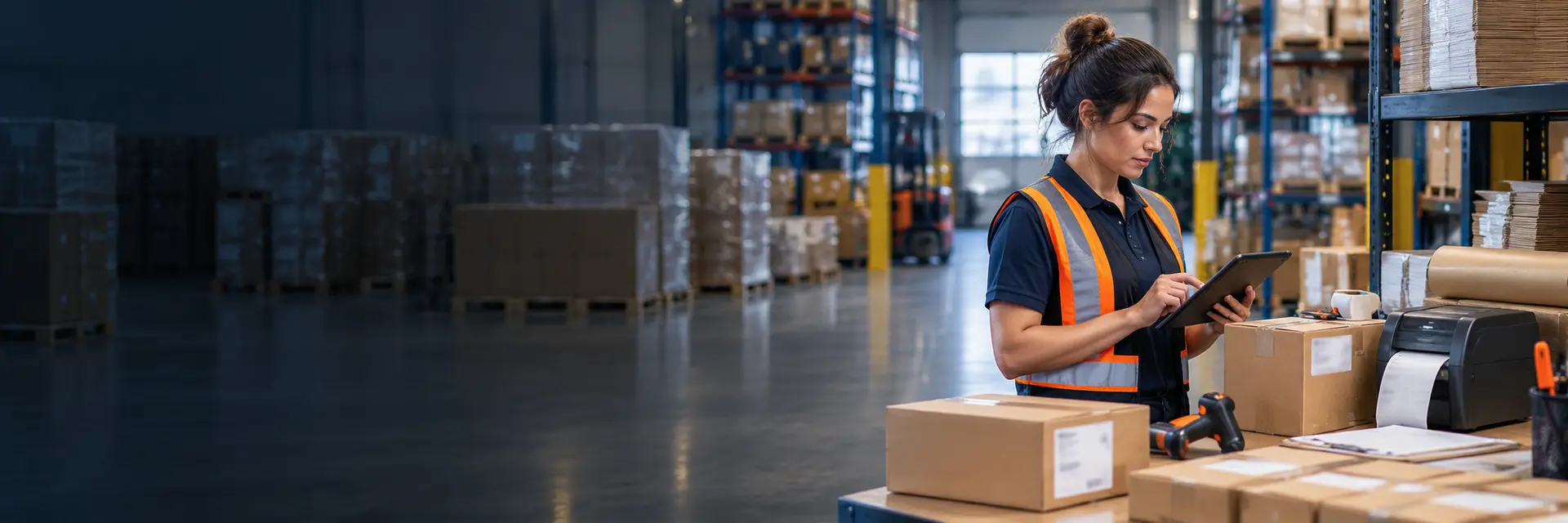 Warehouse worker managing packages at a packing station