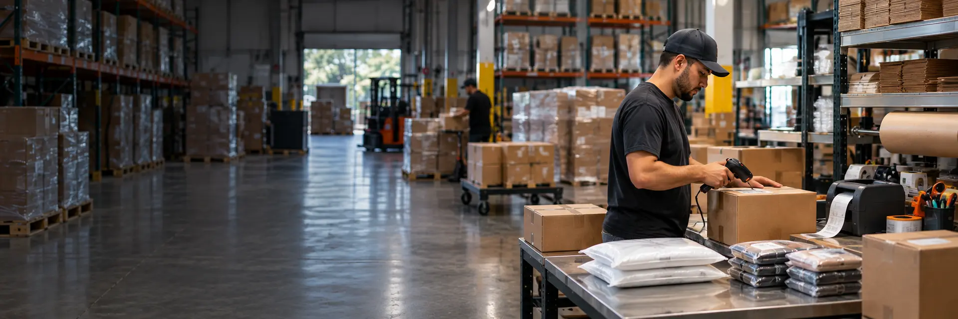 Warehouse worker scanning a prepared carton at an e-commerce fulfillment station