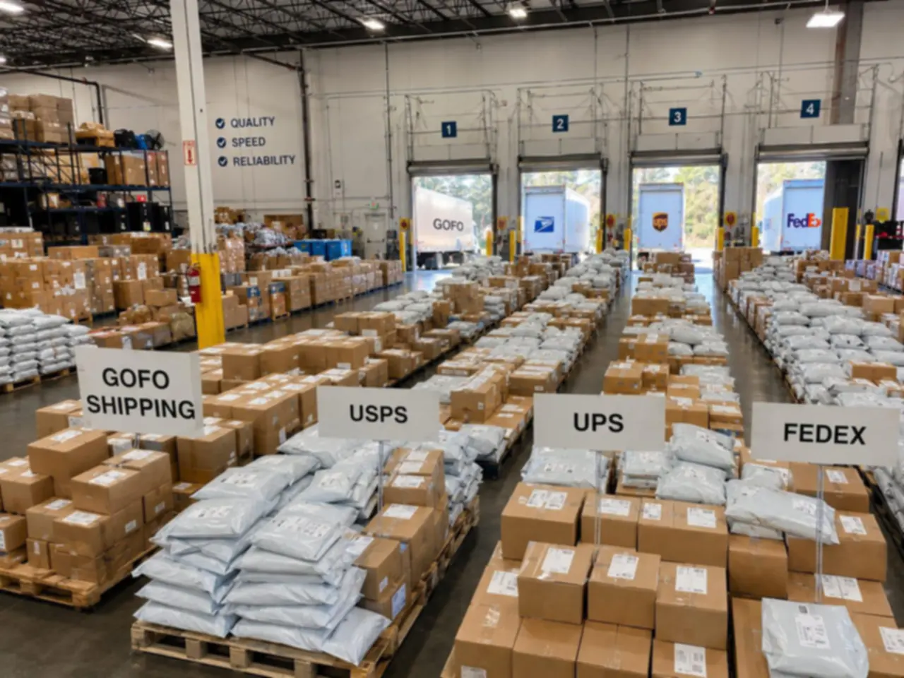 Outbound parcels organized across a warehouse floor