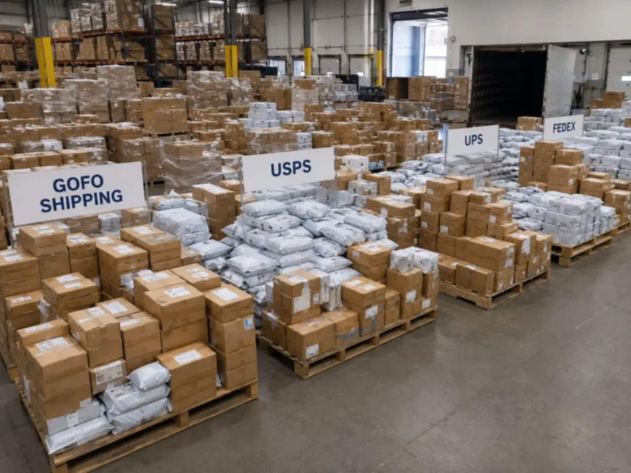 High-volume parcels staged inside the fulfillment warehouse