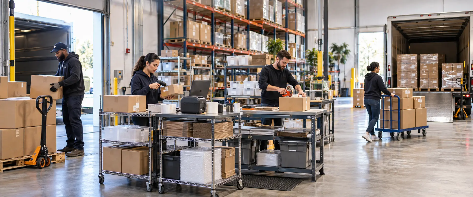 E-commerce warehouse workflow from receiving and preparation to outbound dispatch